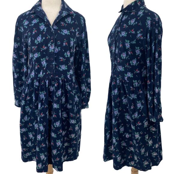 Vintage 90s Eddie Bauer Corduroy Shirtdress Floral Print Swing Dress Mini Blue M - Picture 1 of 13